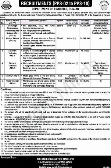 Apply for Punjab Fisheries Department Jobs 2026. F.Sc and Middle pass candidates can apply for Supervisor, Driver & Beldar roles. Deadline: Oct 6, 2026.